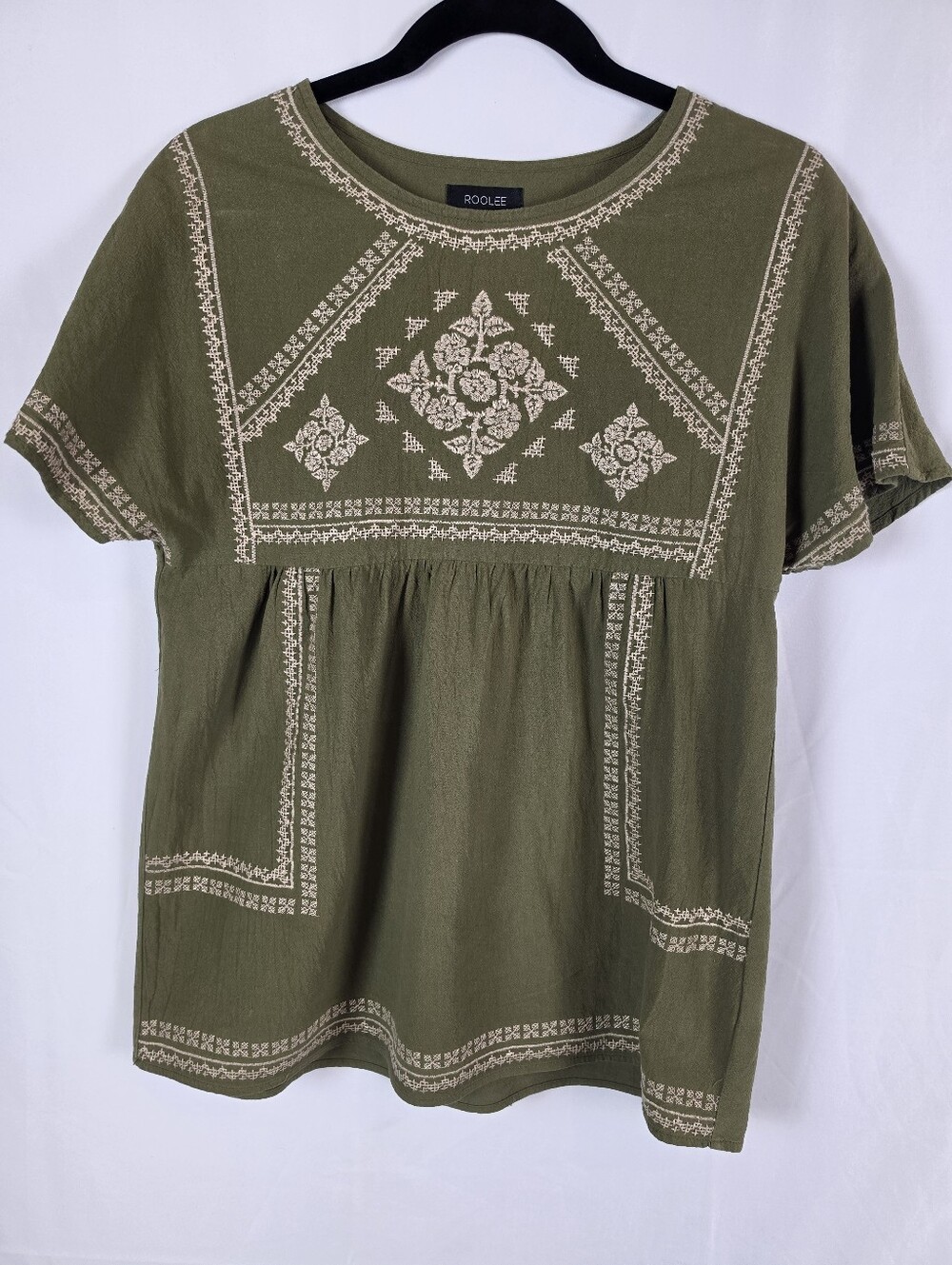 ROOLEE Olive Green Embroidered Babydoll Top Small Cotton Boho Folk Cottagecore